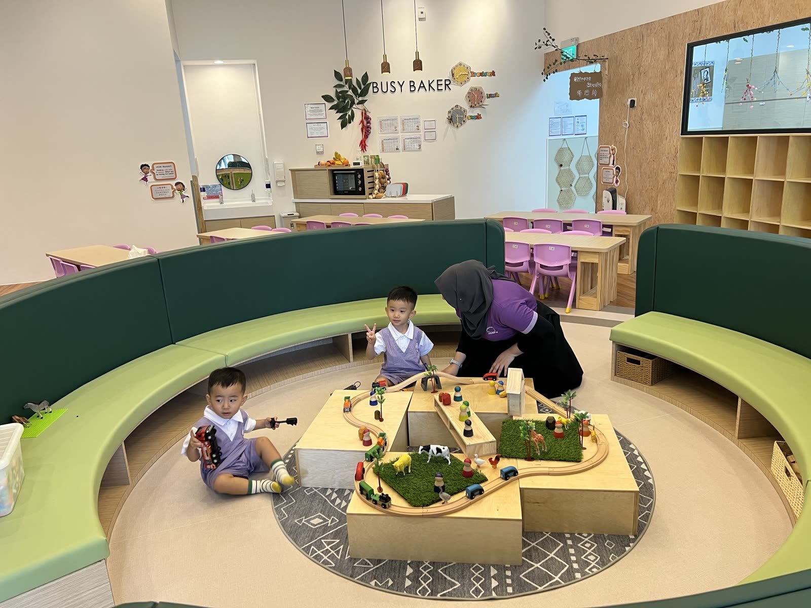 Mulberry dining and learning room with colourful cubbies